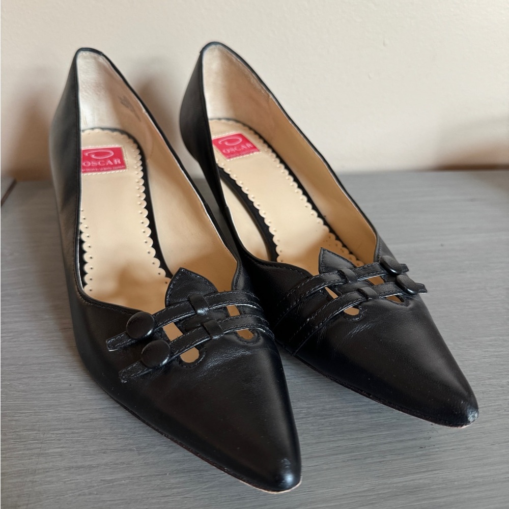 Oscar de la Renta Black Leather Shoes Size 8.5 Dressy Casual Heels Pumps‎ Office